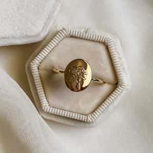 Gold Oval Peony Signet Ring